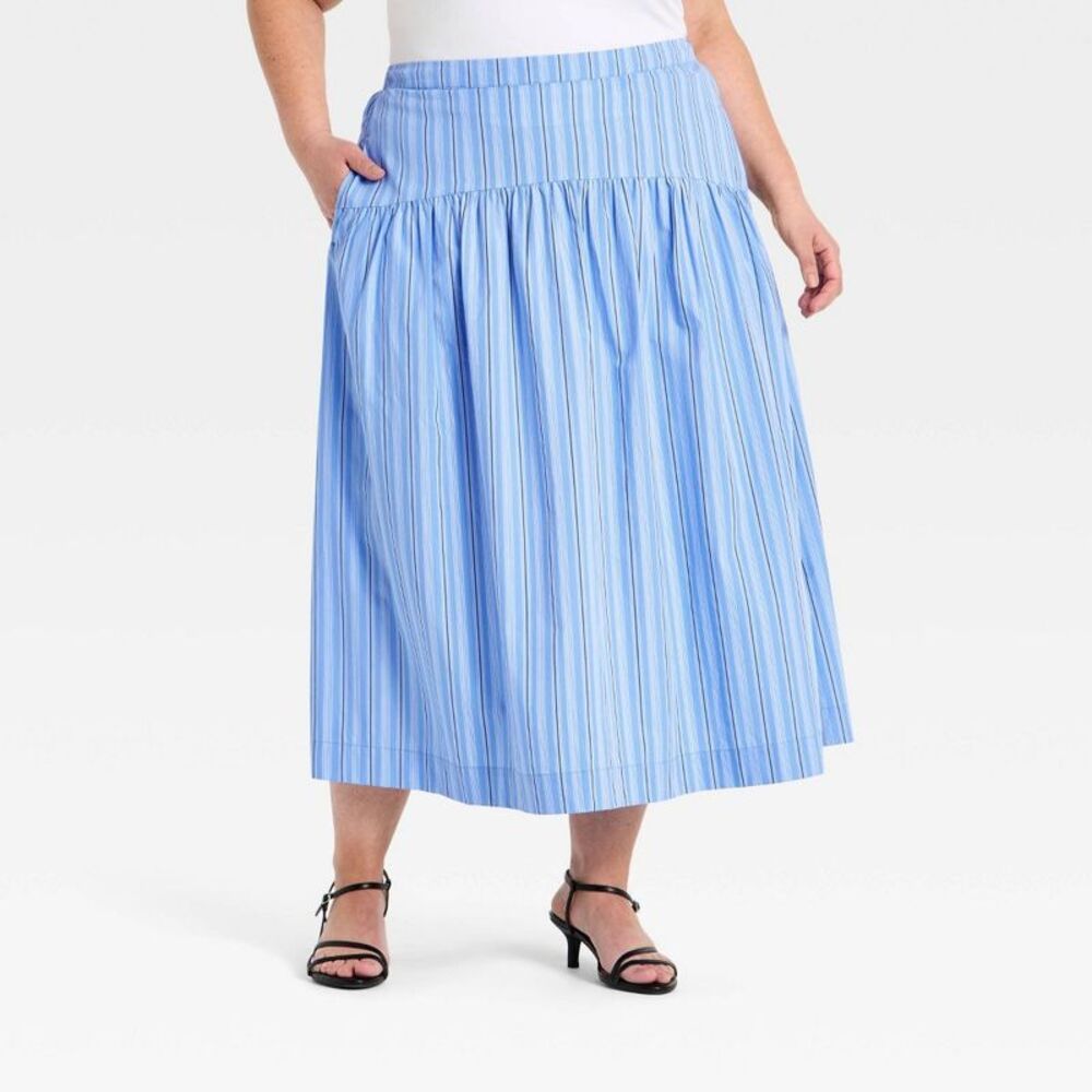 Women's Resort Poplin Drop Waist Midi Skirt - A New Day Blue Striped 1X
